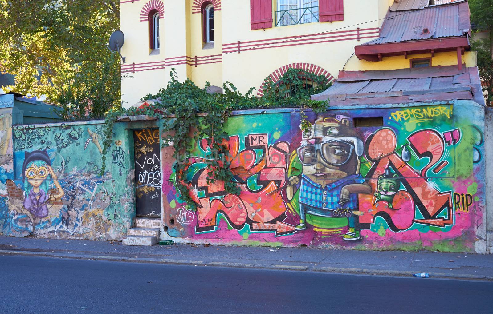 Brightly colored murals in Barrio Bellavista, Santiago, Chile. This neighborhood is renowned for its street art and for its many cafes, restaurants and bars.