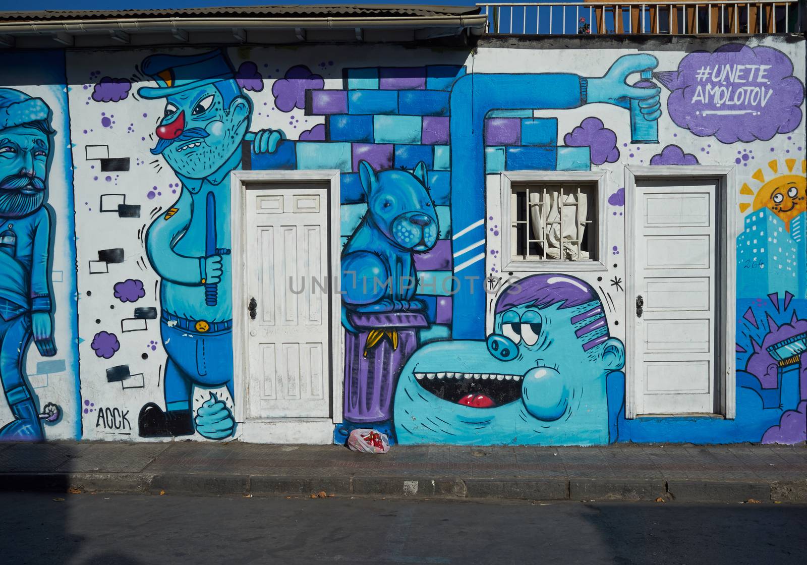 Brightly colored murals in Barrio Bellavista, Santiago, Chile. This neighborhood is renowned for its street art and for its many cafes, restaurants and bars.