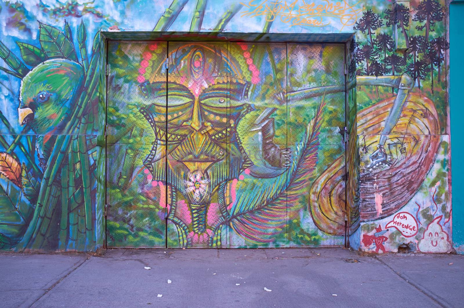 Brightly colored murals in Barrio Bellavista, Santiago, Chile. This neighborhood is renowned for its street art and for its many cafes, restaurants and bars.