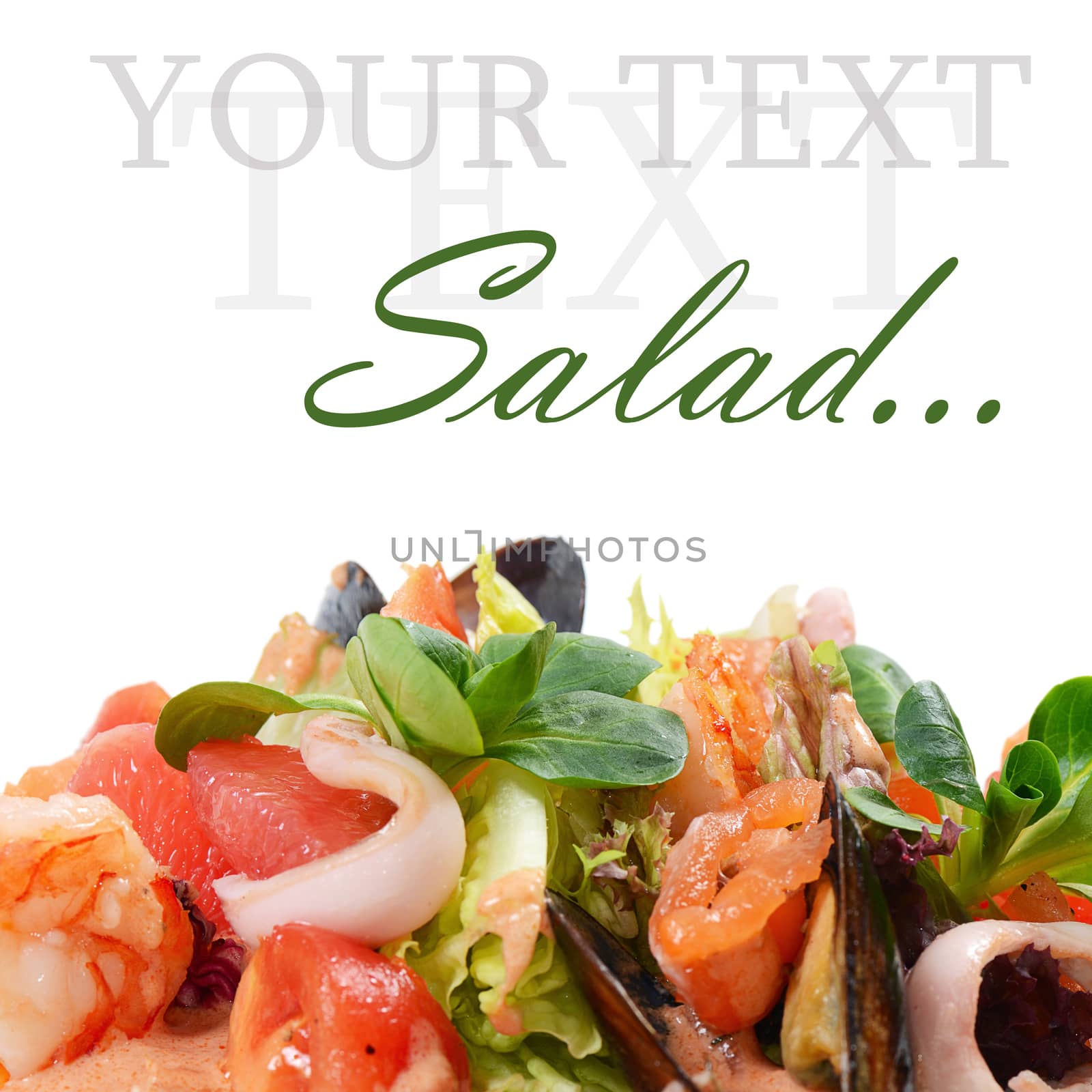 Salad from seafood and a salmon close-up