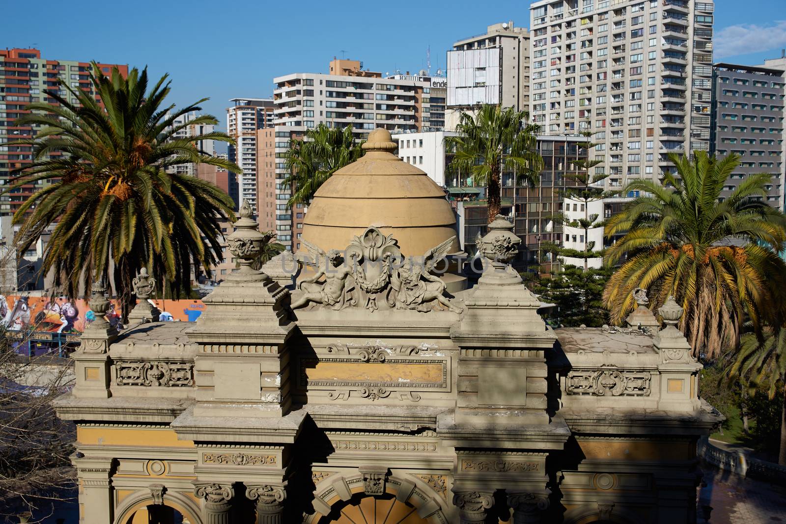 Gothic style monument at Cerro Santa Lucia, a historic landscaped park in the centre of Santiago, Chile that marks the site of where the city was founded in 1541.