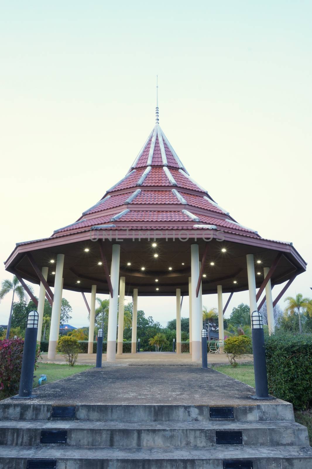 Pavilion in the park with lighting.