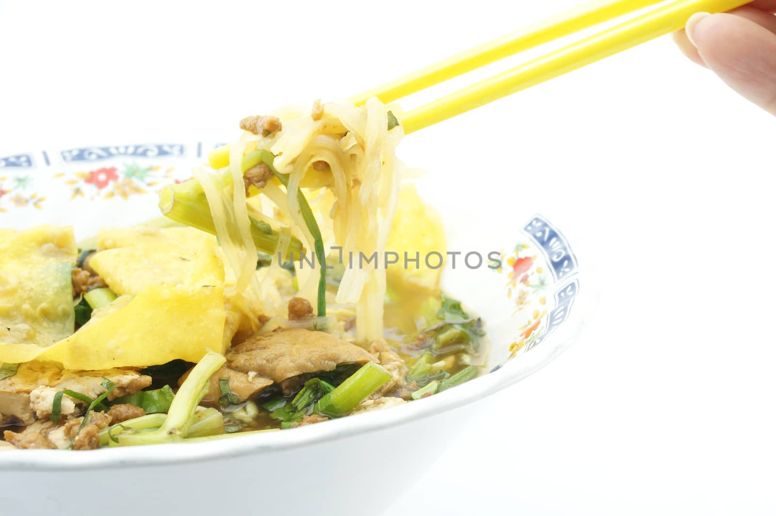 Eating Fine Cut White Rice Noodle Soup Vegetarian by eaglesky