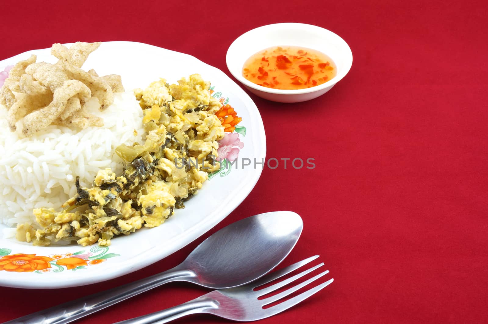 Rice , shiitake mushroom snack and egg fried pickle in plate with chilli sauce placed on a red background.