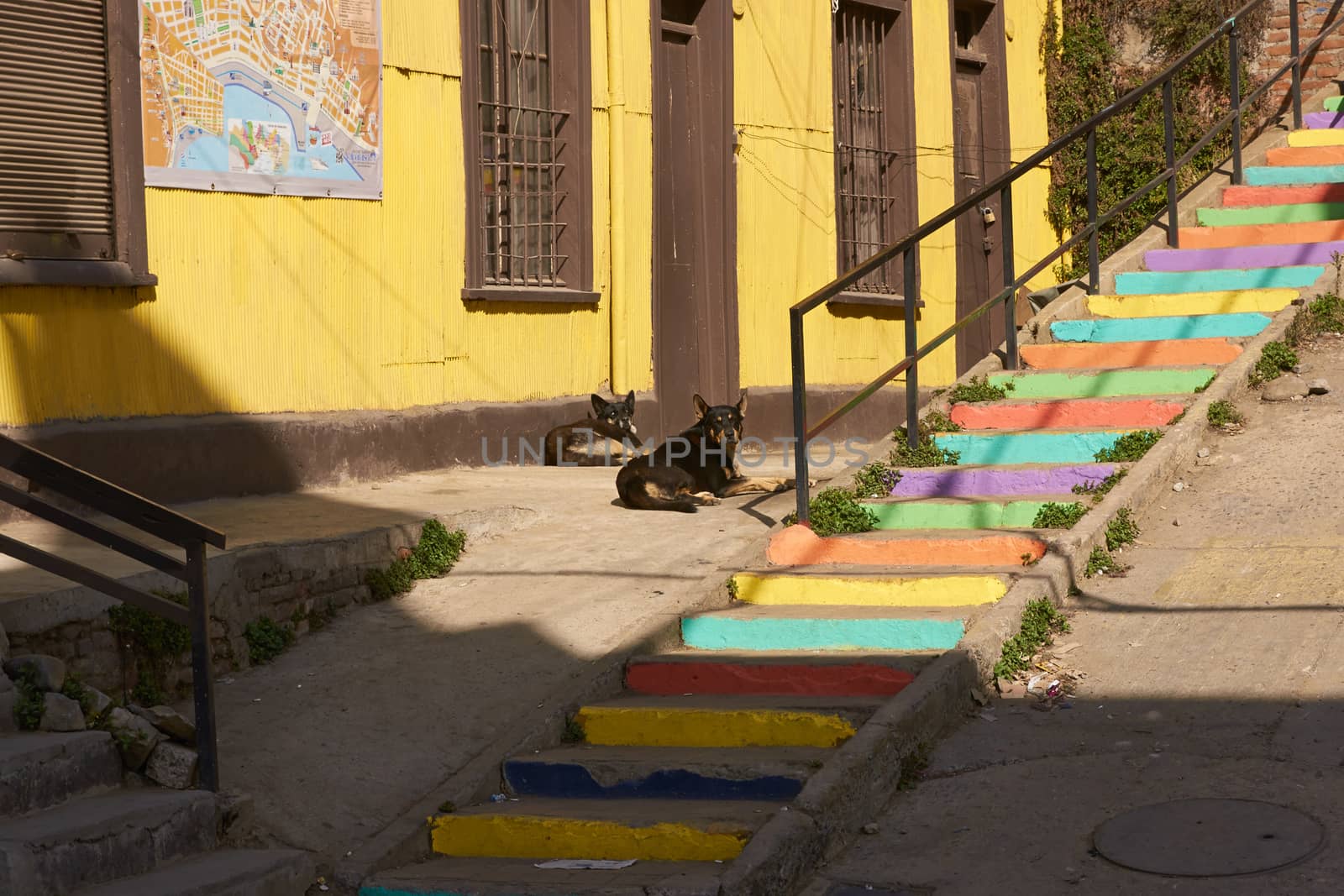 Colourfully painted steps in a street in the coastal city of Valparaiso in Chile