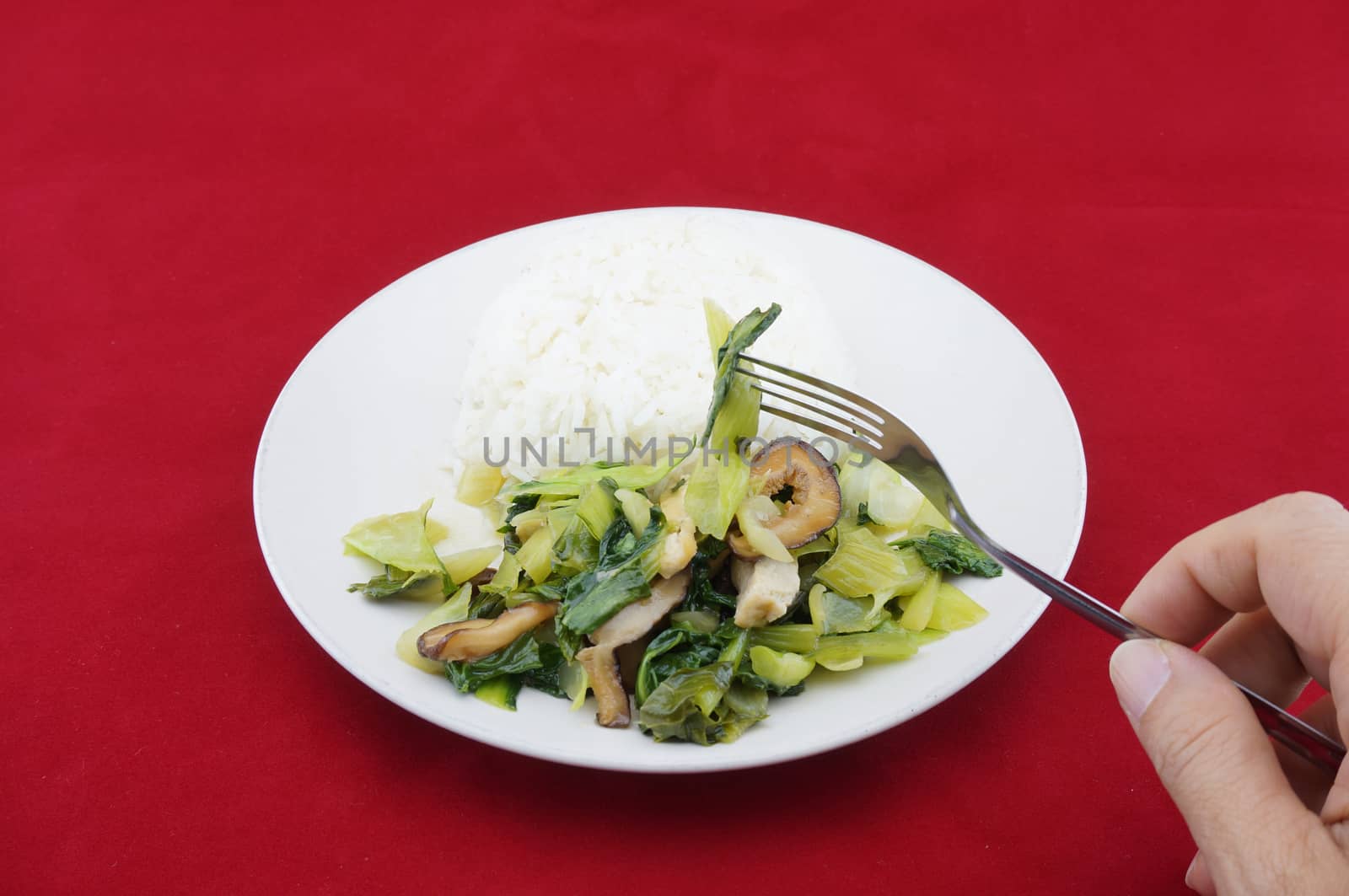 Eating stir-fried brassica with shitake mushrooms and tofu on a red background.