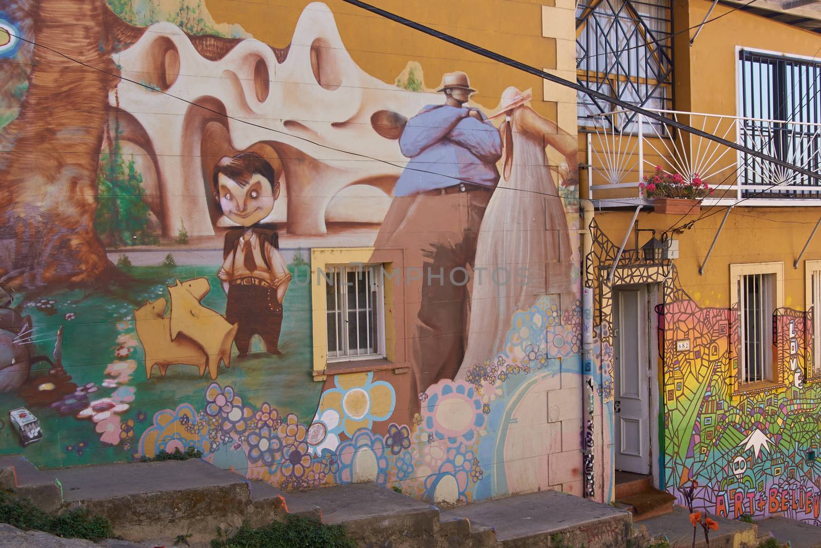 Colourful mural decorating a house in the world heritage city of Valparaiso in Chile