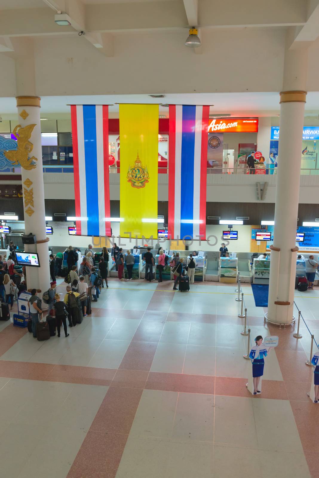 PHUKET, THAILAND - 21 NOV 2013: Check-in hall and desks in Phuket international airport