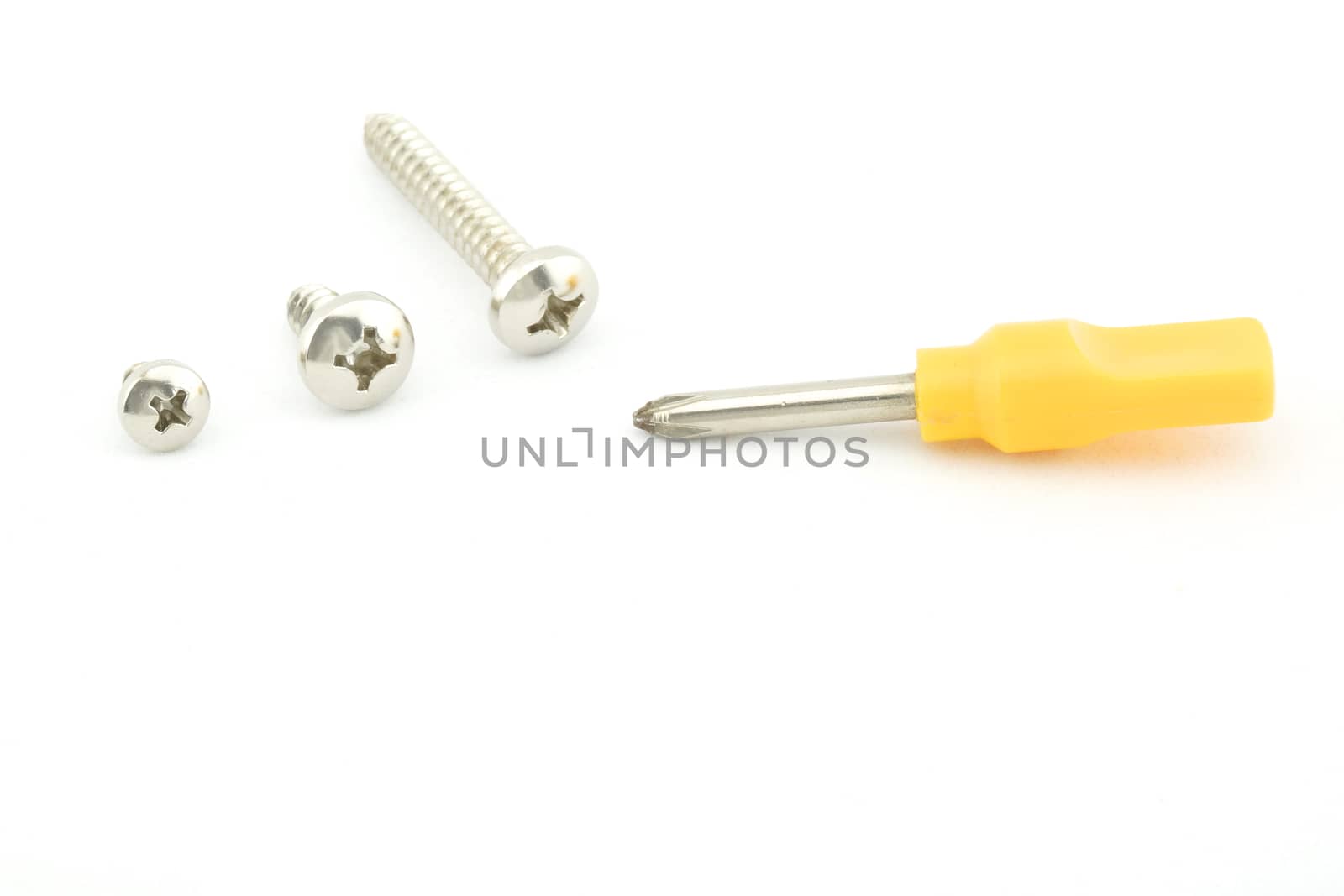 Yellow screwdriver with screw use for minor repair with white background.