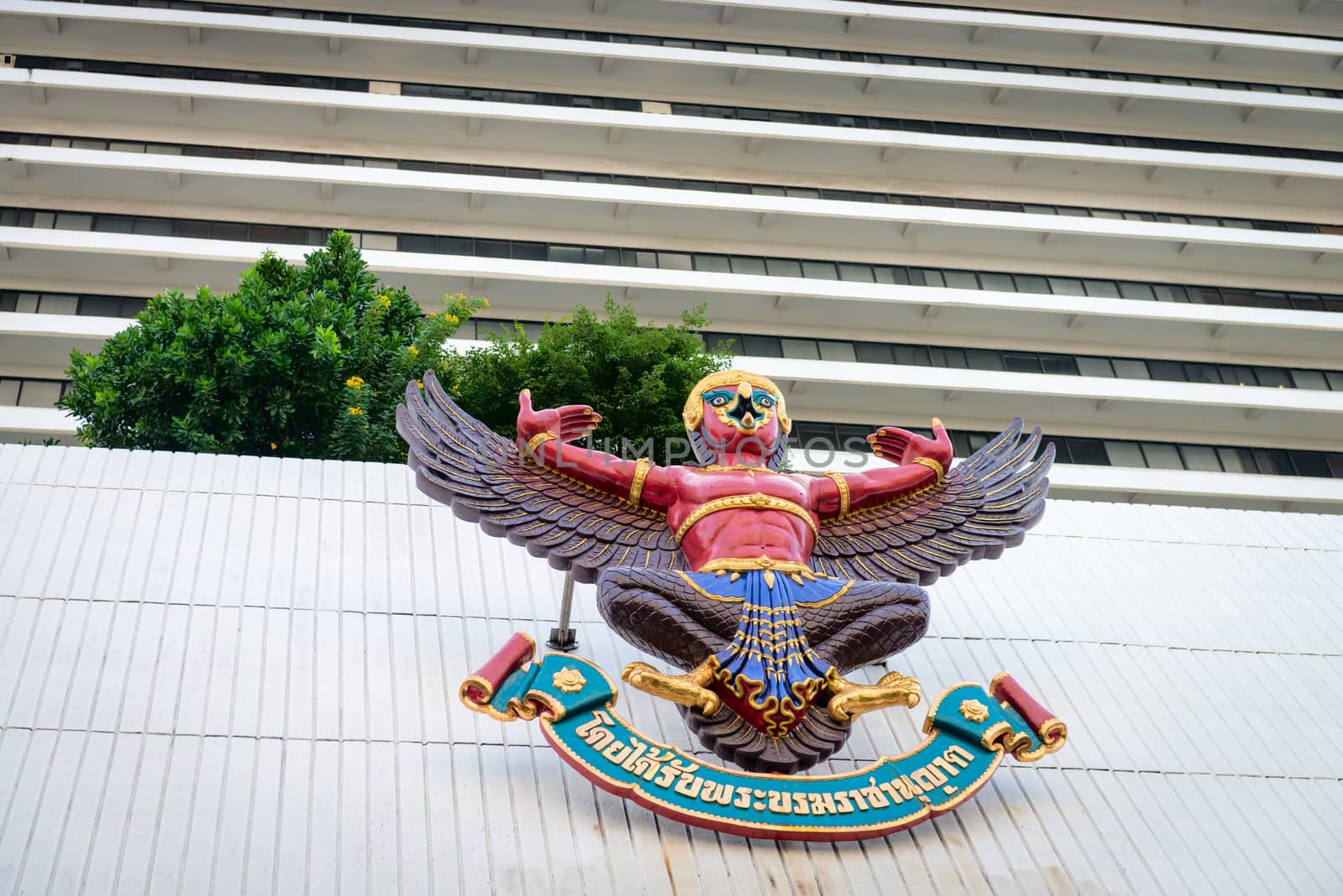 BANGKOK, THAILAND - 21 NOV 2013: Garuda mythical bird image on the facade of Bangkok Bank Head Office Building.