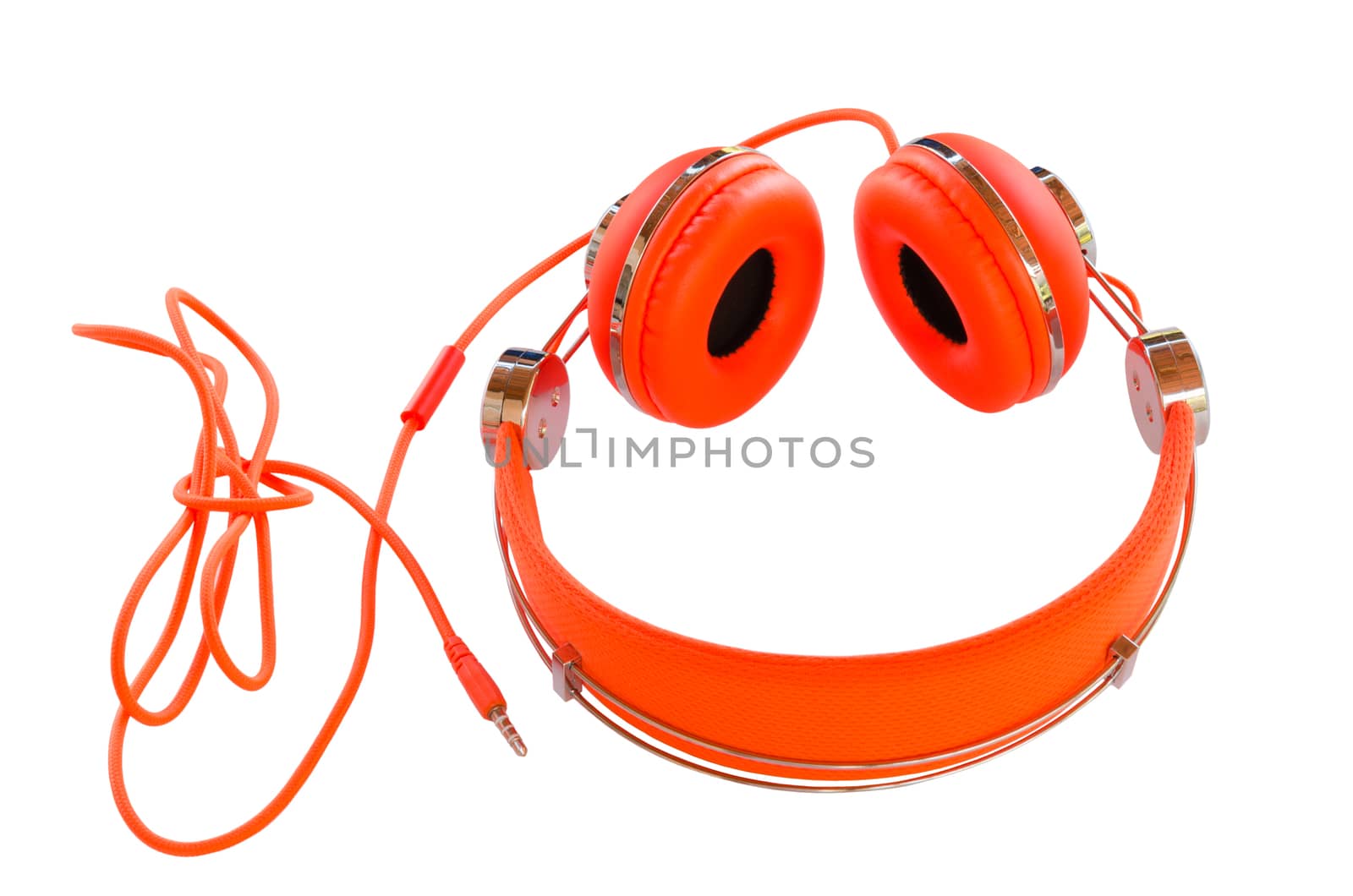 Bright colored orange headphones isolated on white background