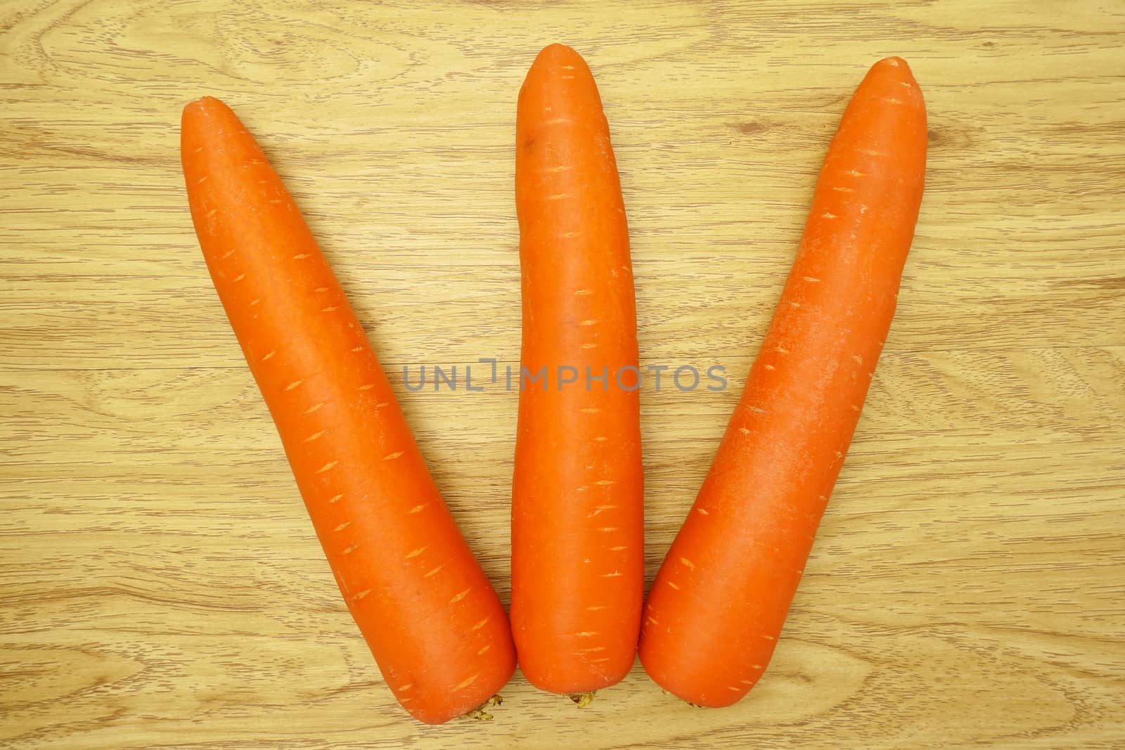 Carrot is orange vegetable with carotene put as fork on wood background.