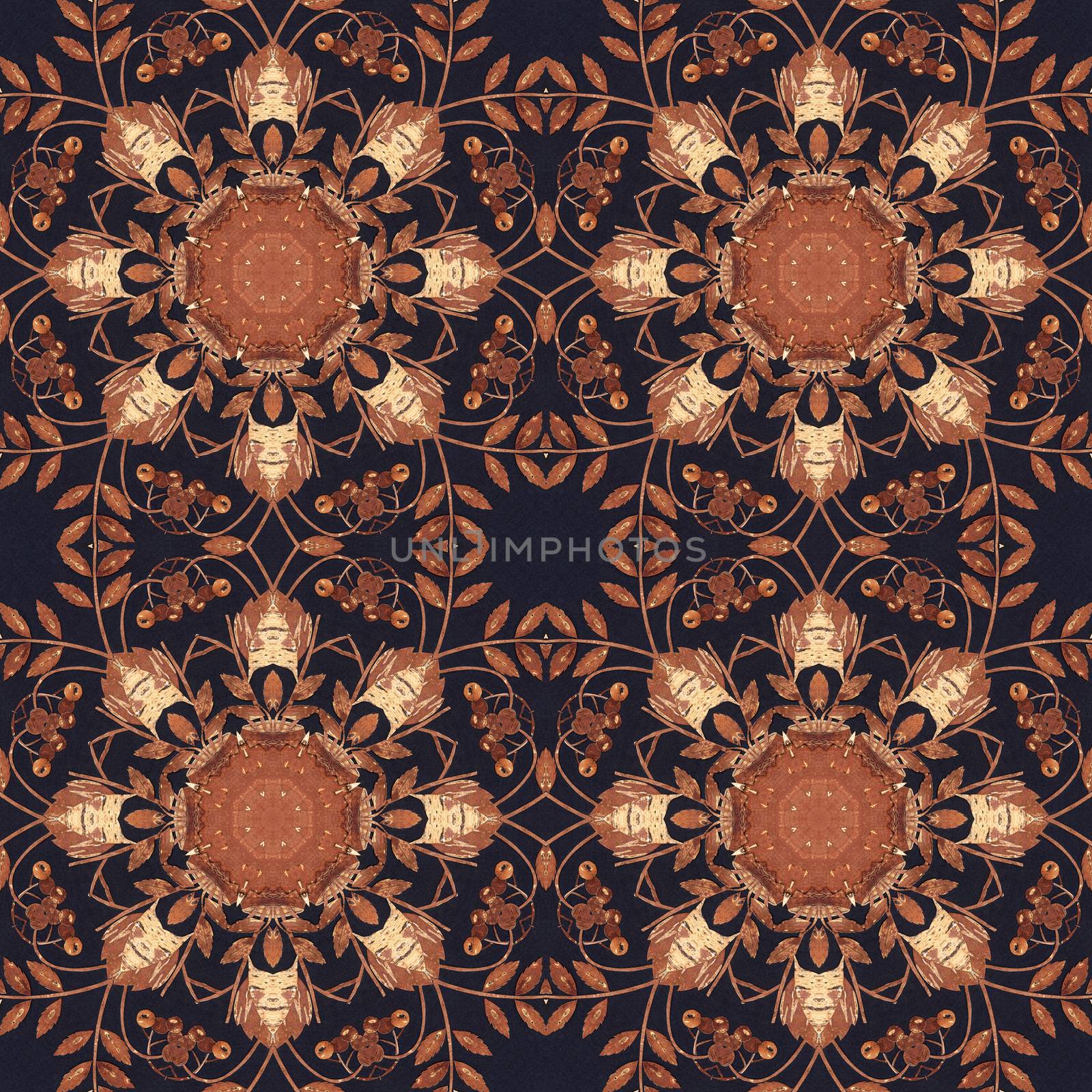 Abstract artistic pattern, seamless handmade floral ornament, applique from the back side of a birch bark on black fabric background