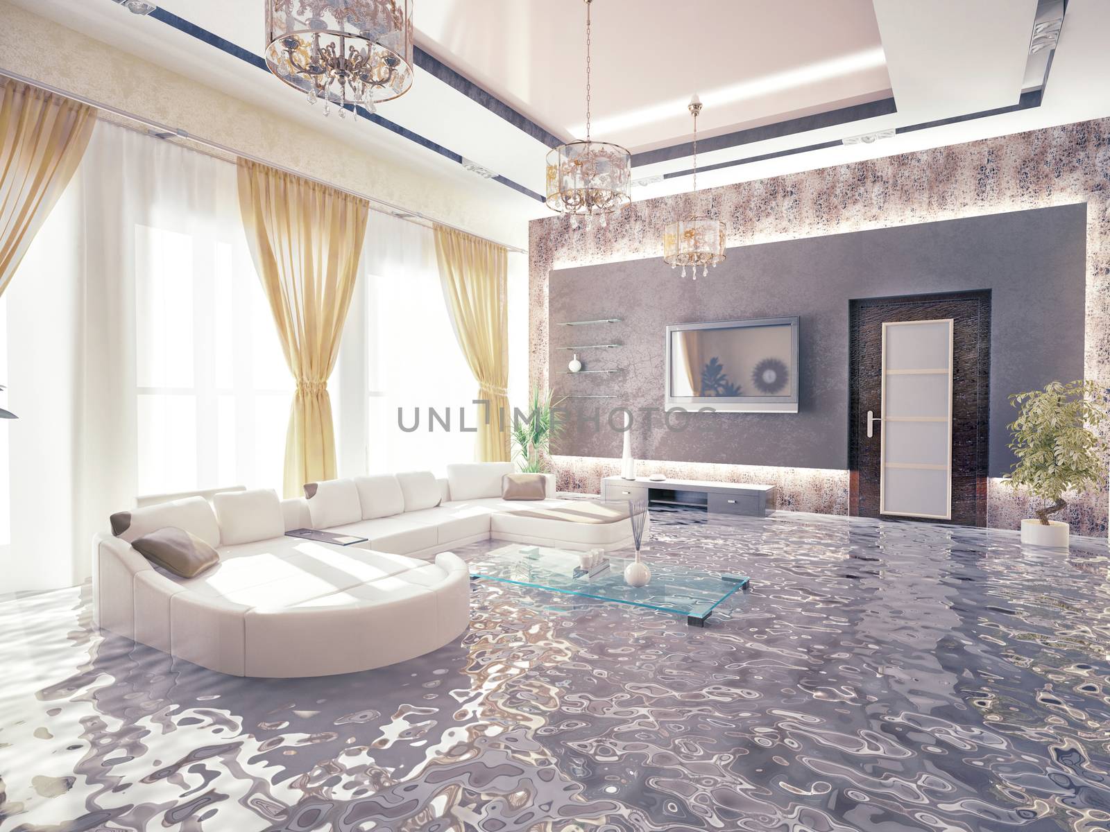 flooding in luxurious interior. 3d creative concept 