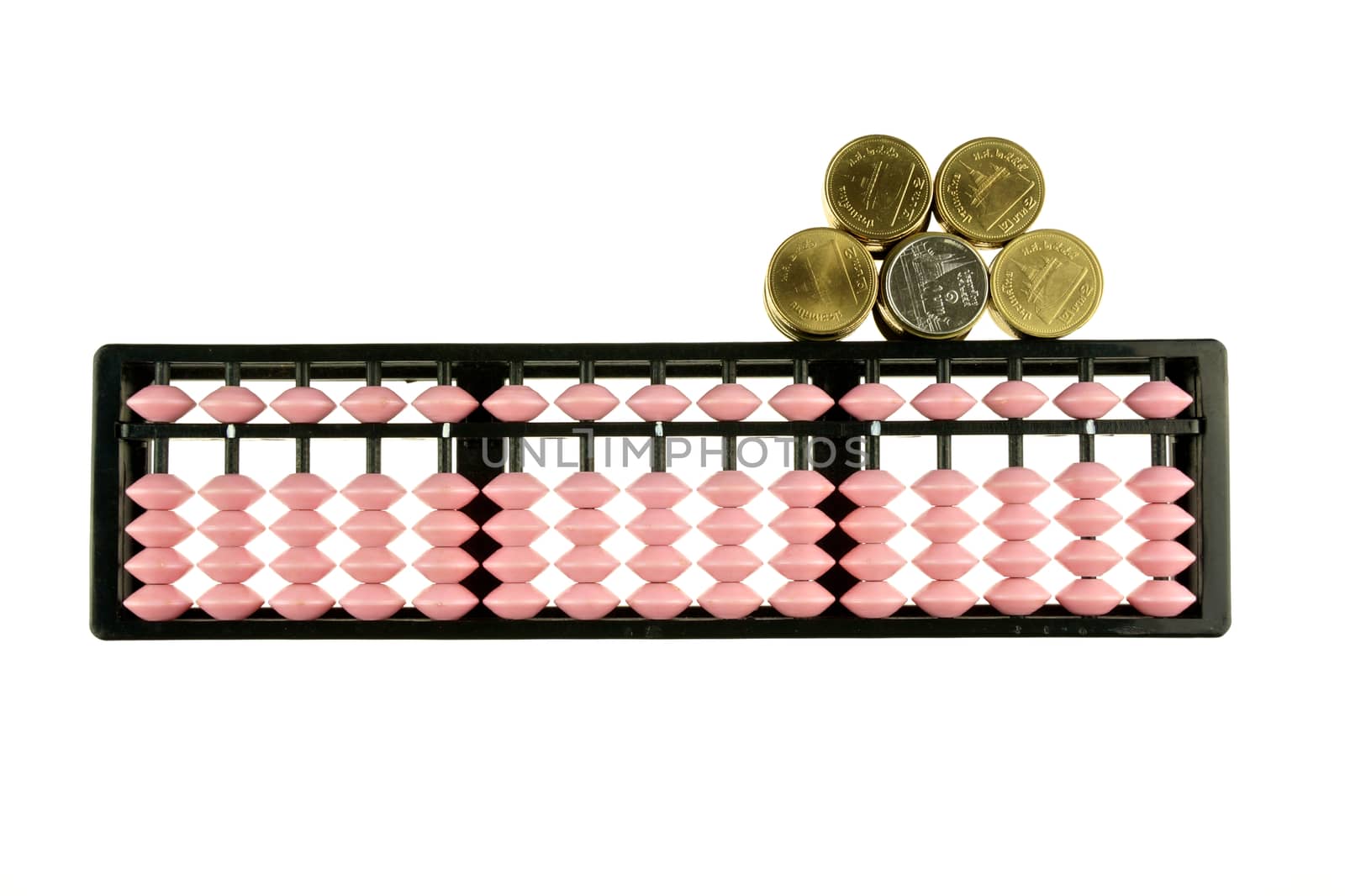 Abacus retro japan calculator with gold and silver coins isolated by eaglesky