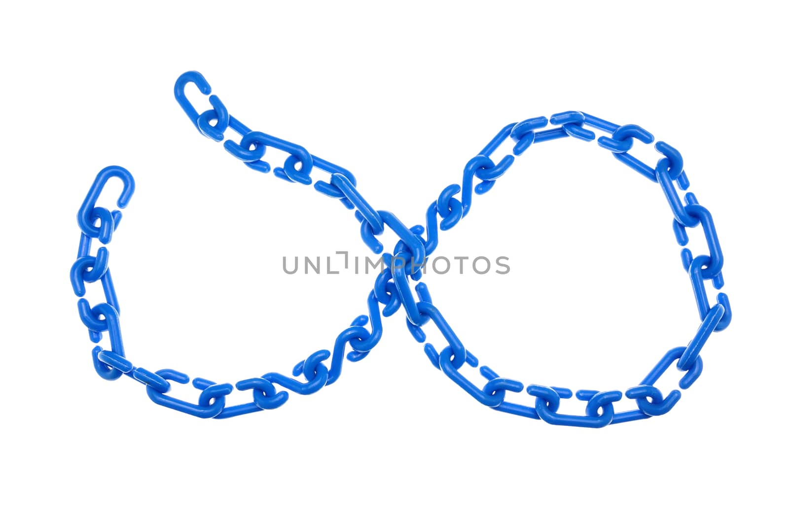 Blue plastic chain put as Infinity isolated with white background.