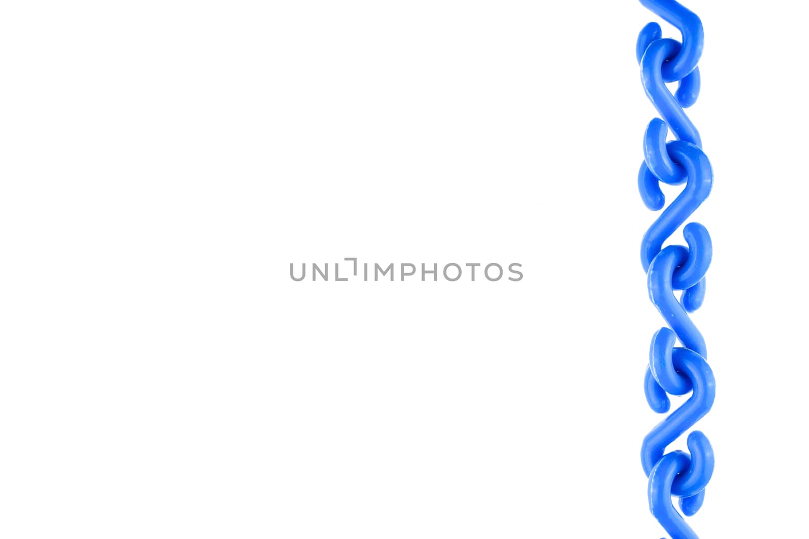 Blue plastic chain put as straight on right isolated with white background.