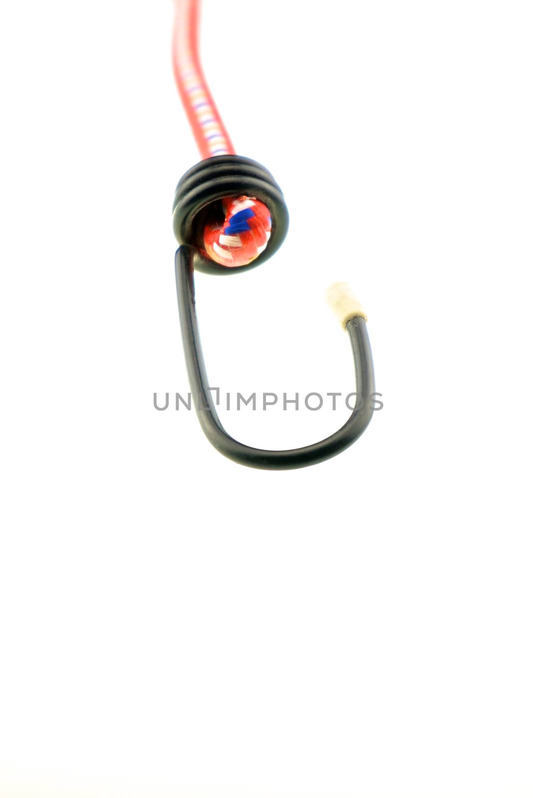 Black hook of red elastic strap isolated with white background.