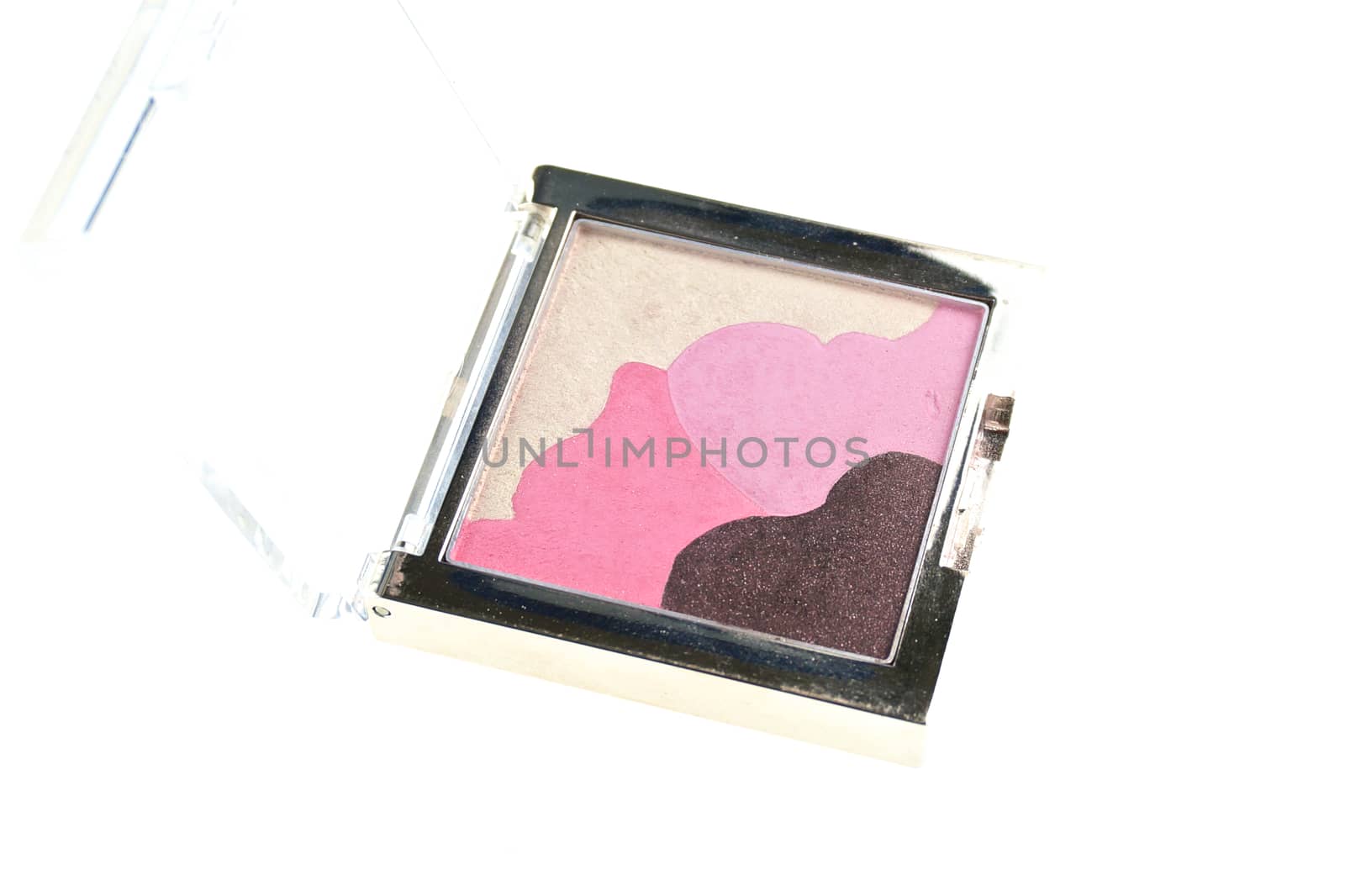 Colorful powder for makeup in box isolated with white background.