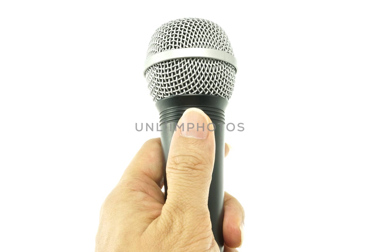 Hand hold black and silver microphone for interview isolated with white background.