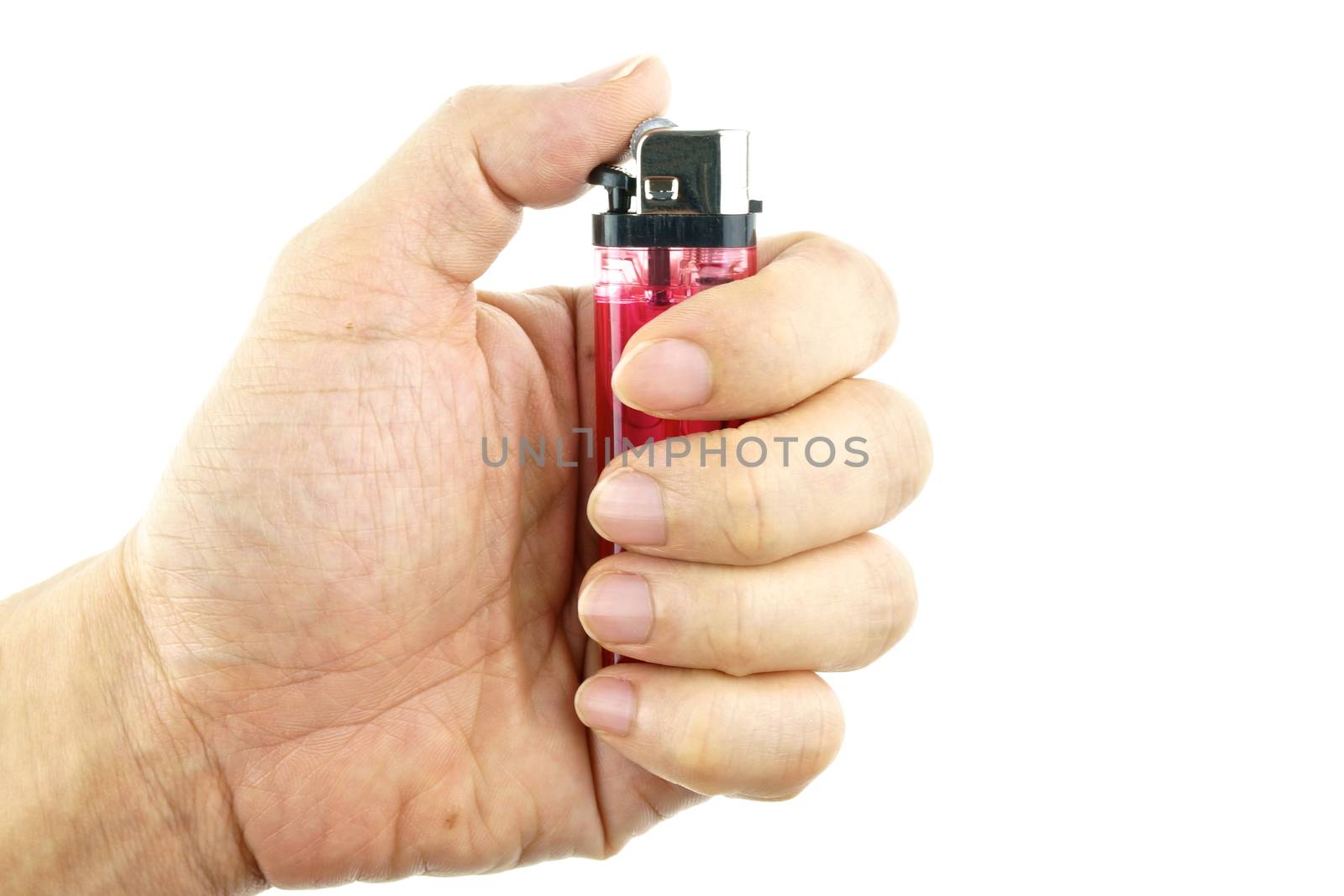 Hand hold lighter ready for lit isolated with white background.