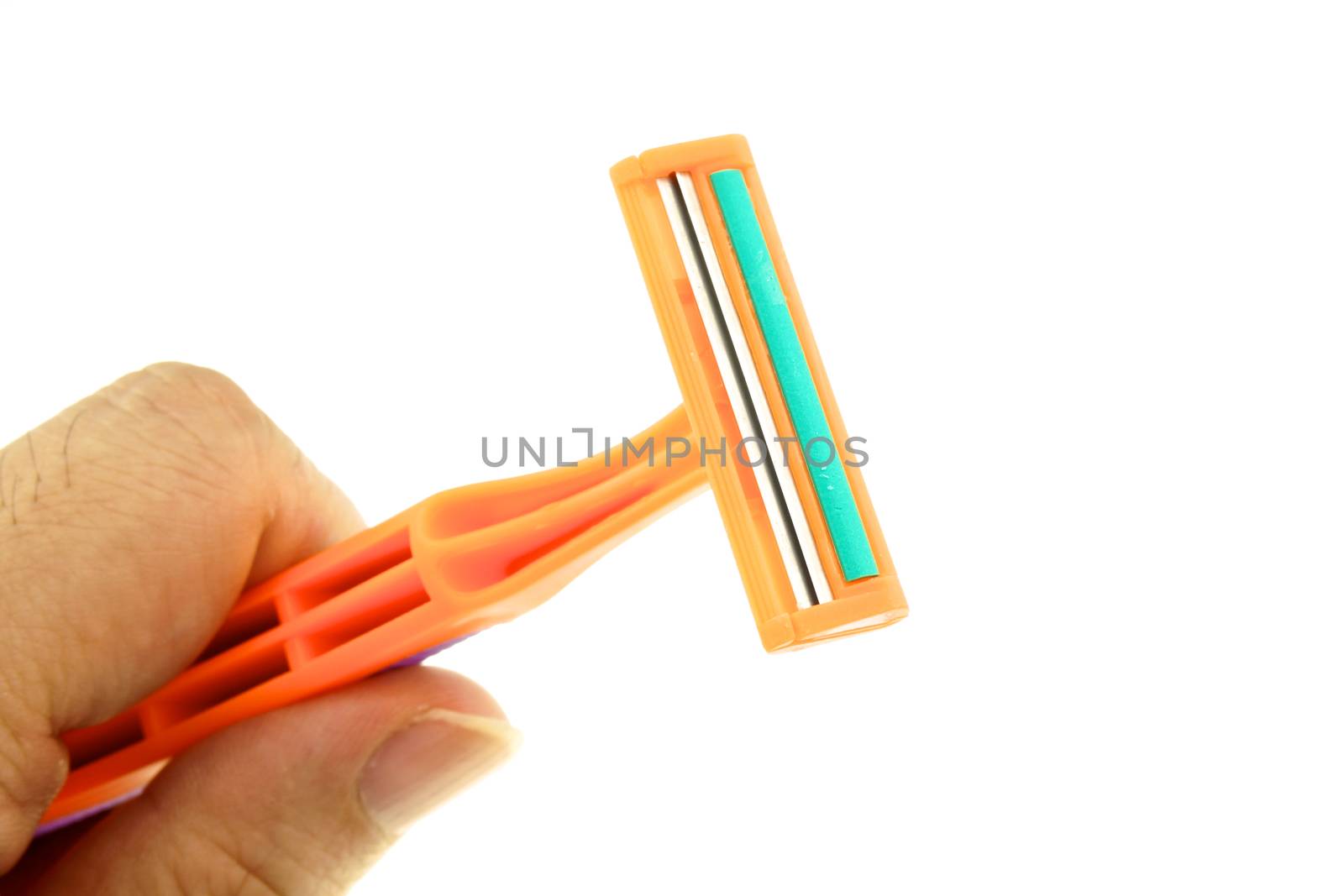 Hold orange razor for mustache on left isolated with white background.