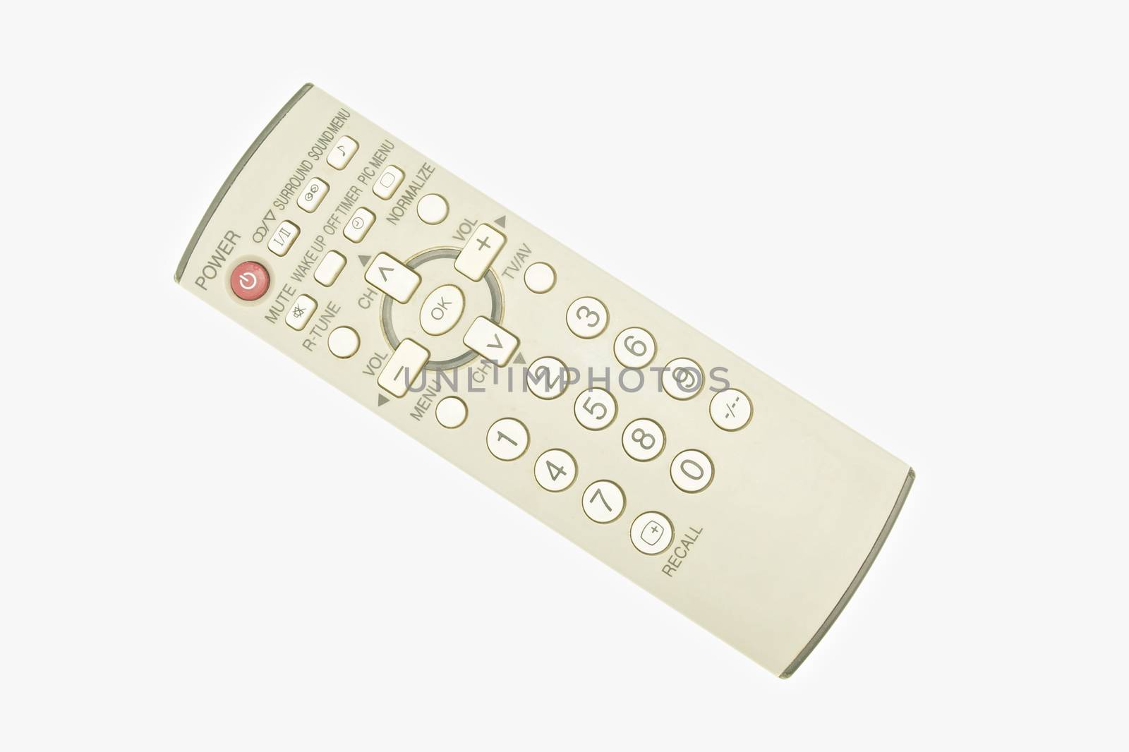 Old remote control for television put tilt isolated with white background.