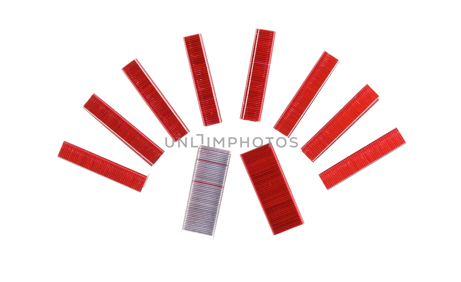 Red and silver staple put as semicircle isolated with white background.