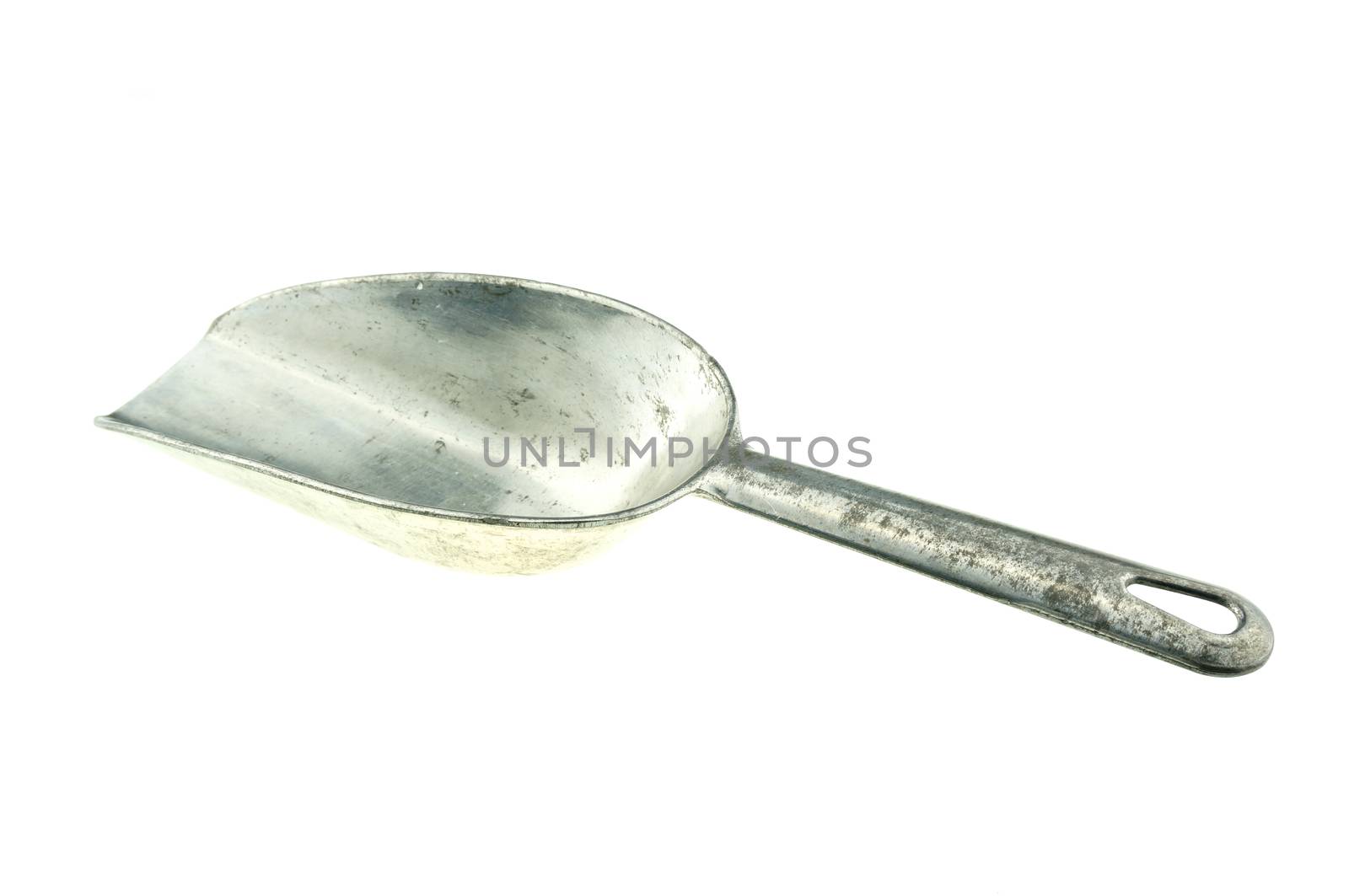 Aluminum scoop ice is tool for measuring ice isolated on white background.