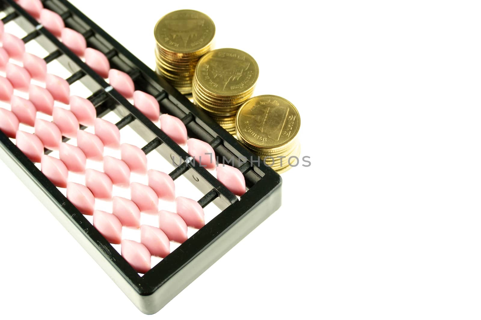 Pink abacus retro japan calculator and gold coins isolated by eaglesky