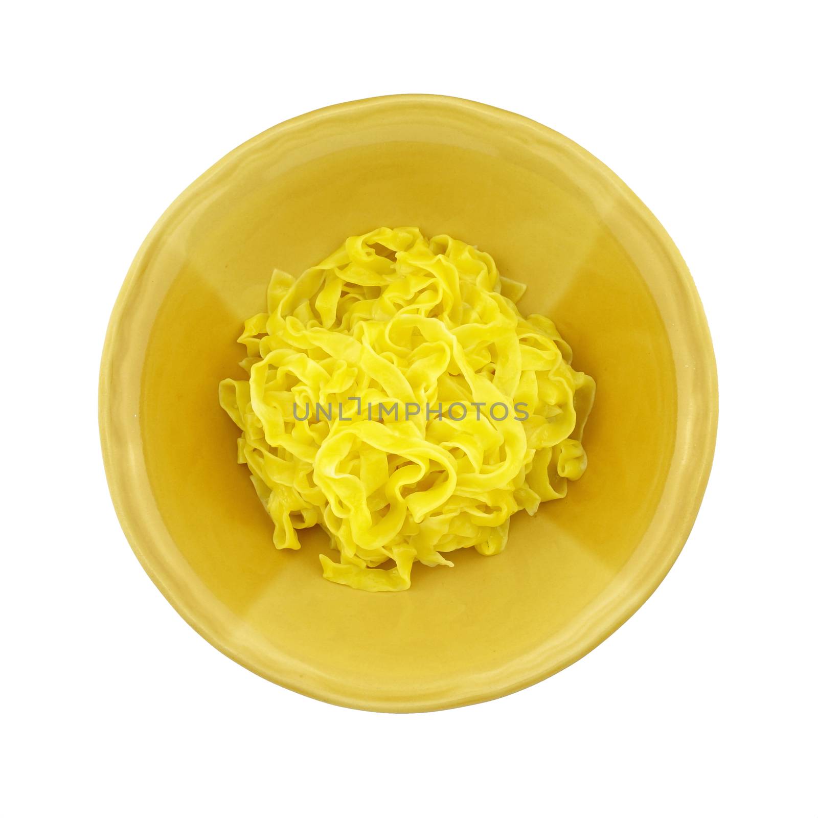 Big yellow noodle scald in brown bowl isolated with white background.