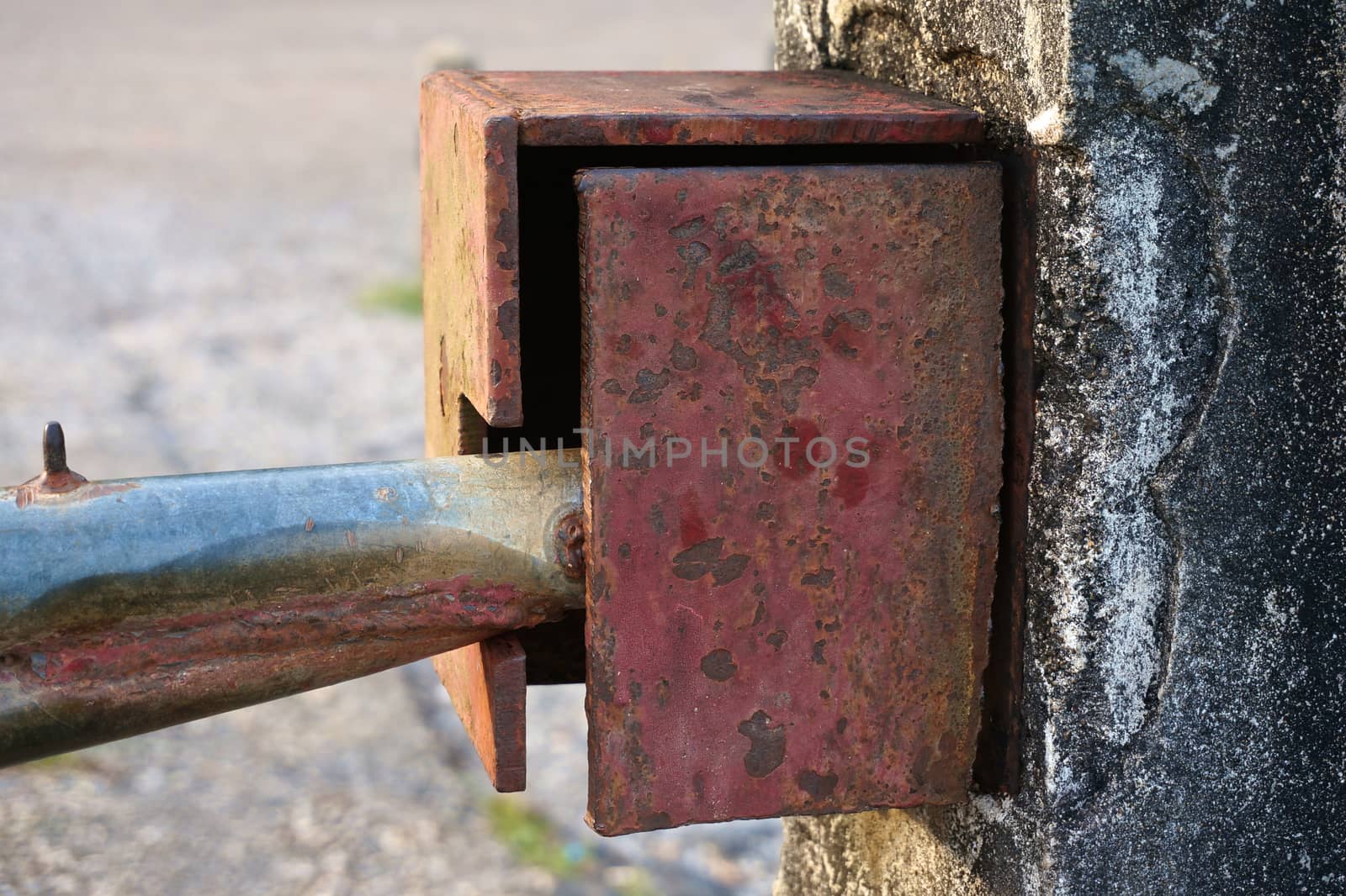 Close up old boundary gate lock for security stop pass to private road.