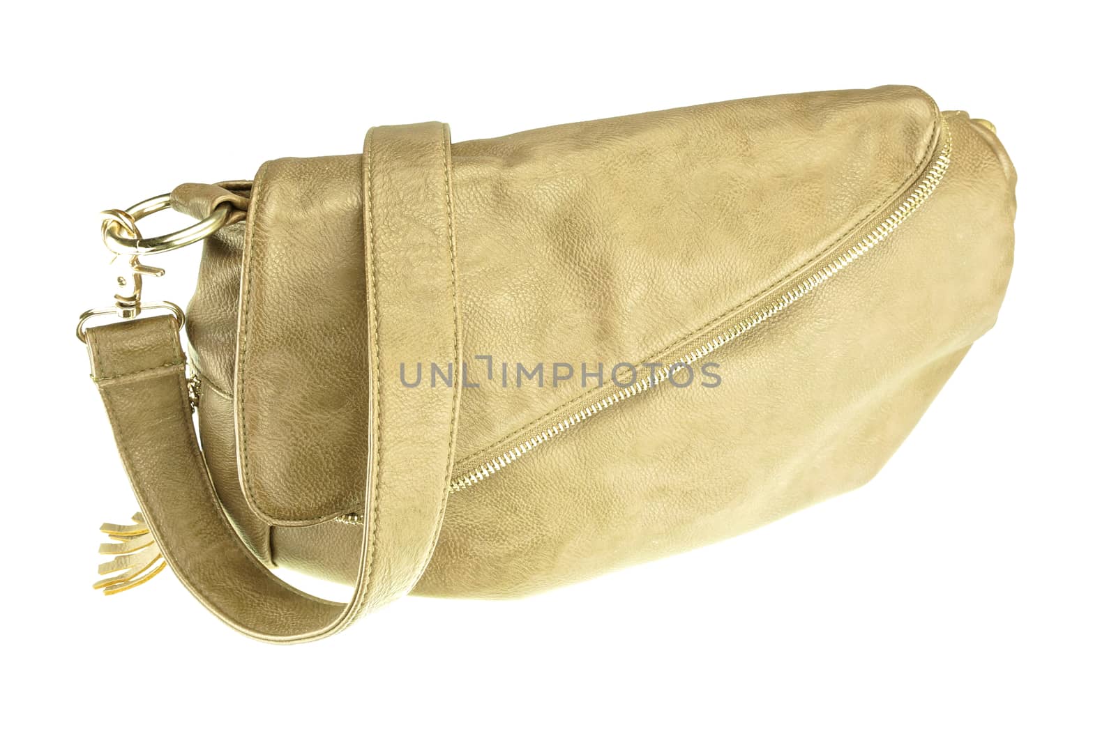 Modern personal Brown handbag with sash isolated on white background.