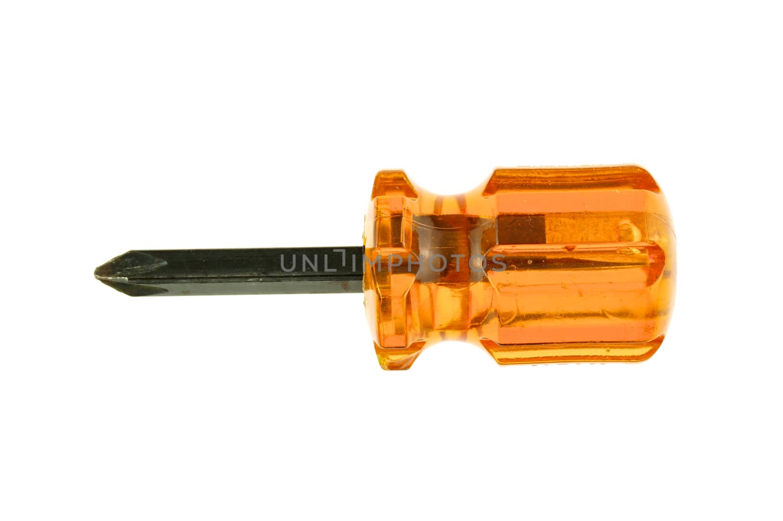 Small orange transparent and black screwdriver isolated with white background.