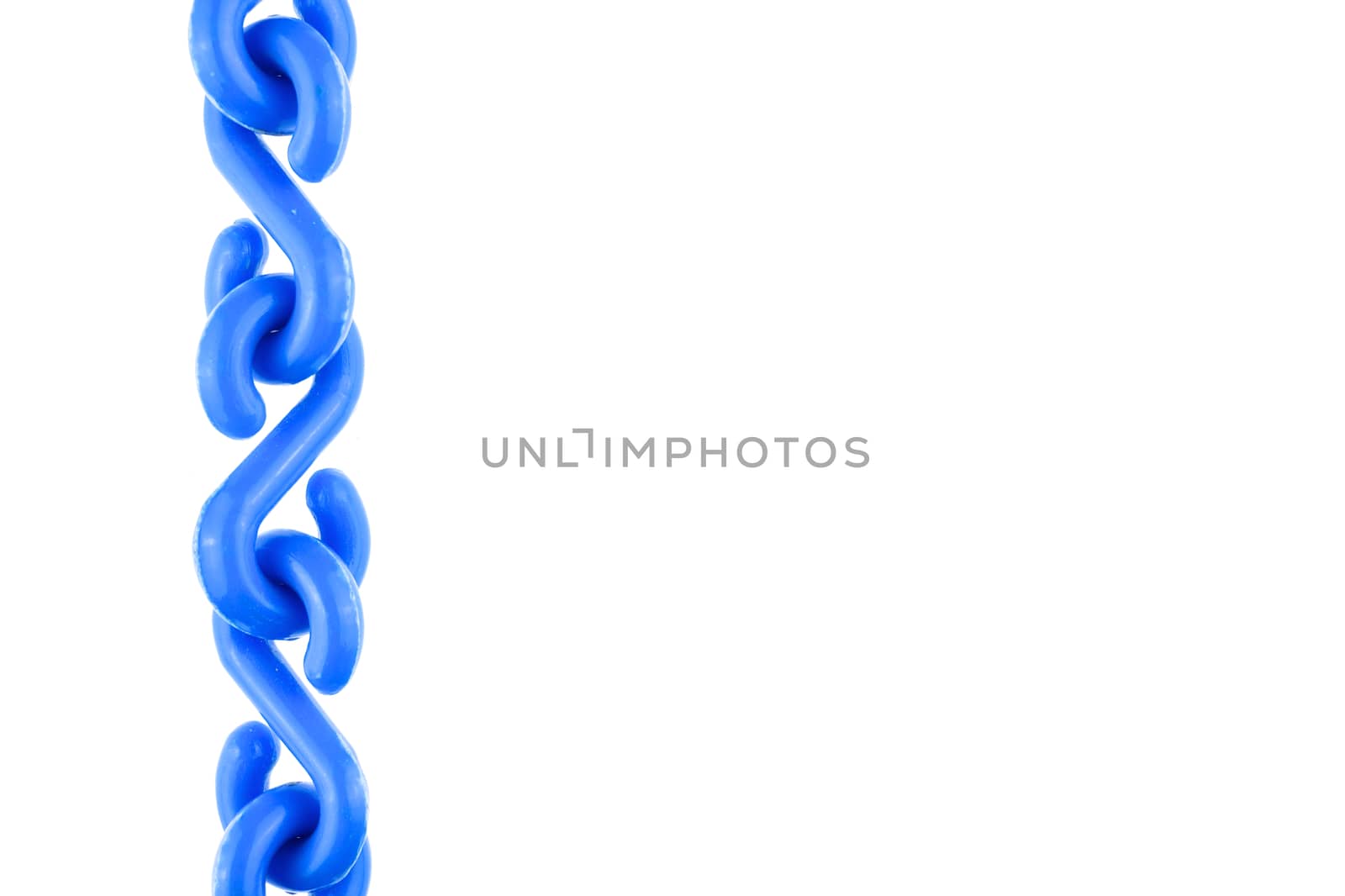 Blue plastic chain put as straight on left isolated with white background.