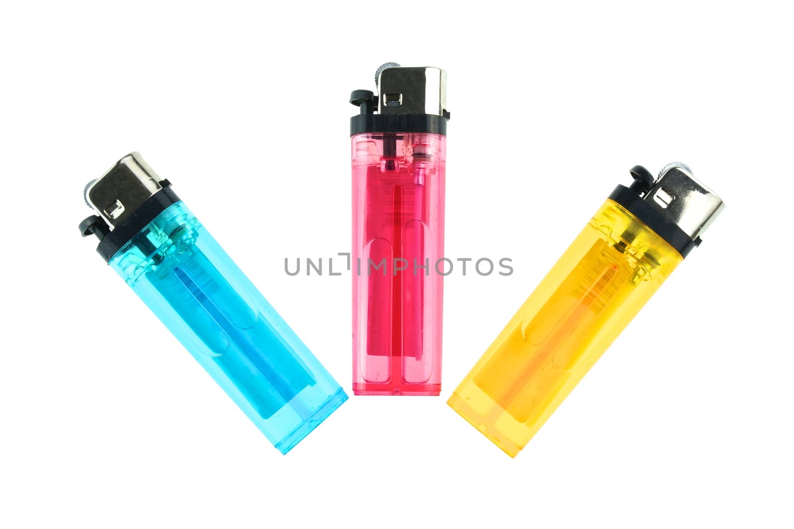 Blue, red and yellow plastic lighter put as fork isolated with white background.