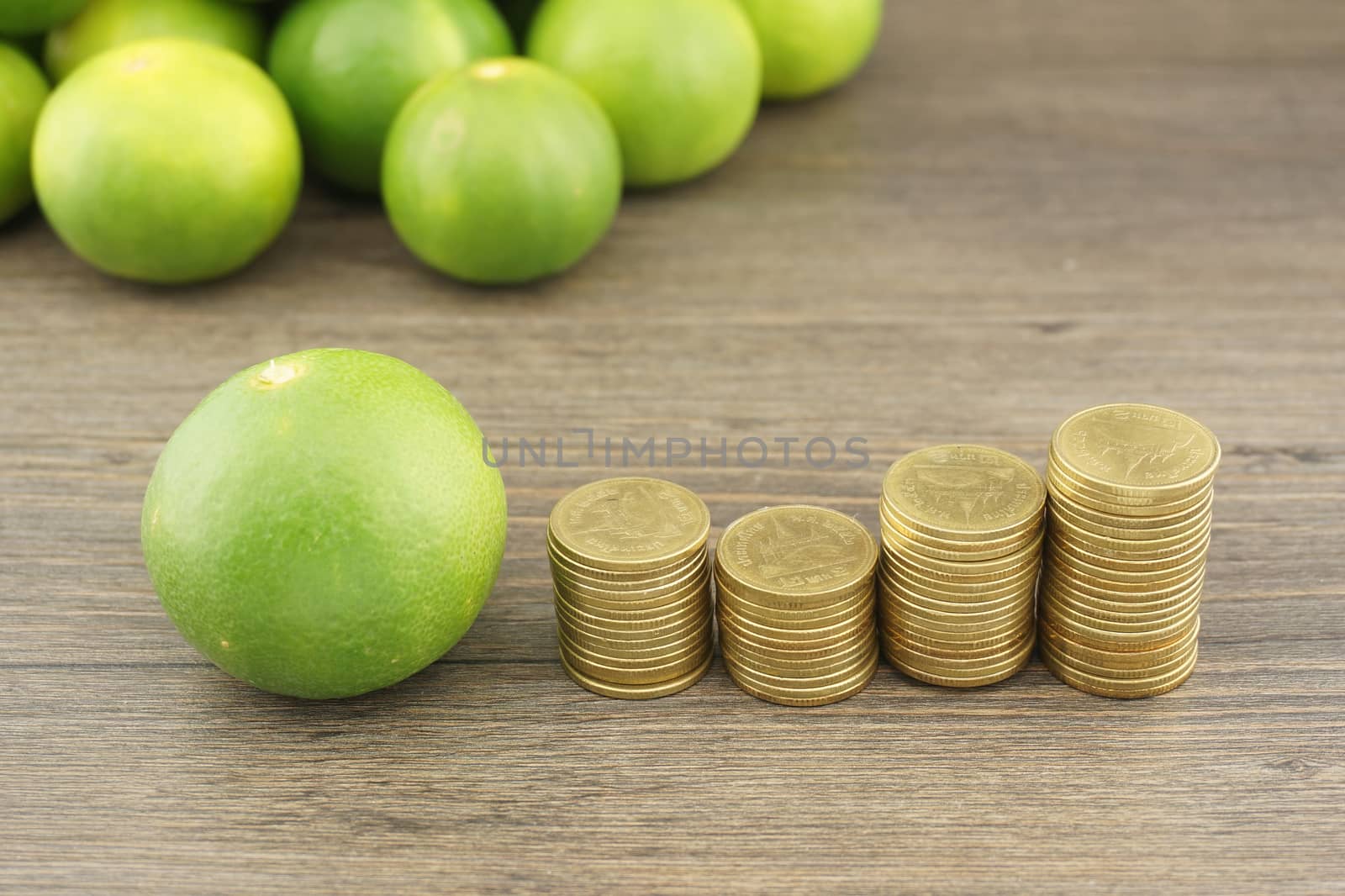 Fresh green lemon with gold coins by eaglesky