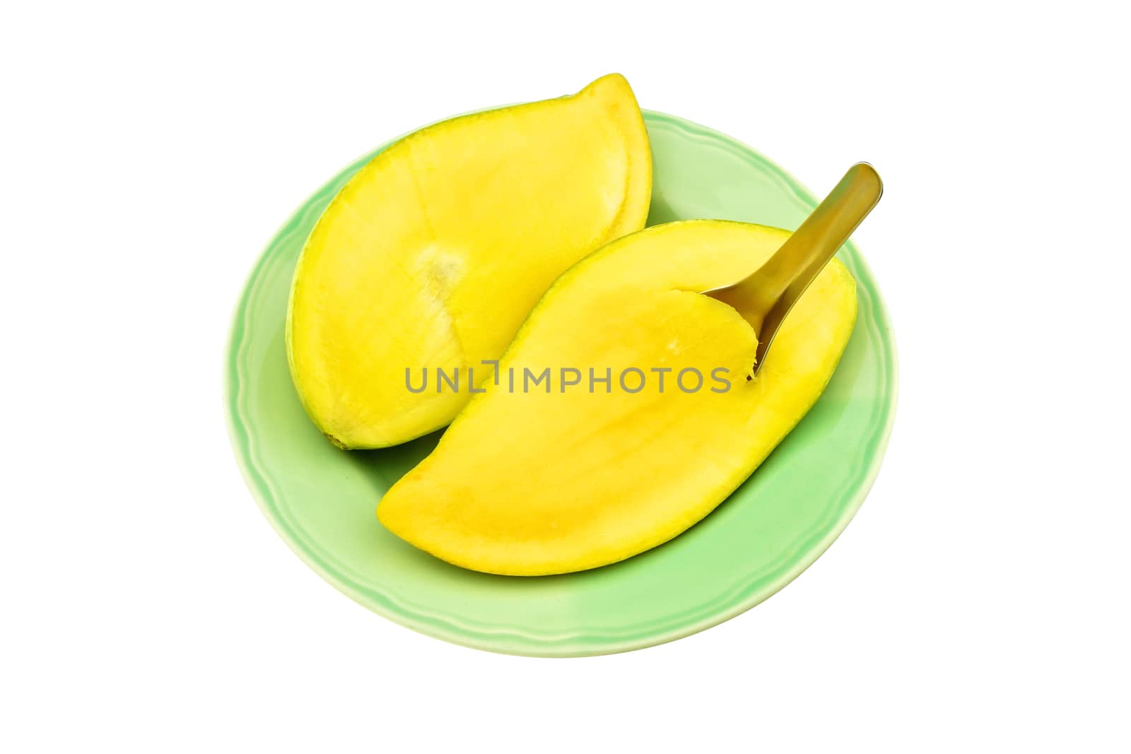 Eating slice half ripe mango on dish isolated with white background.