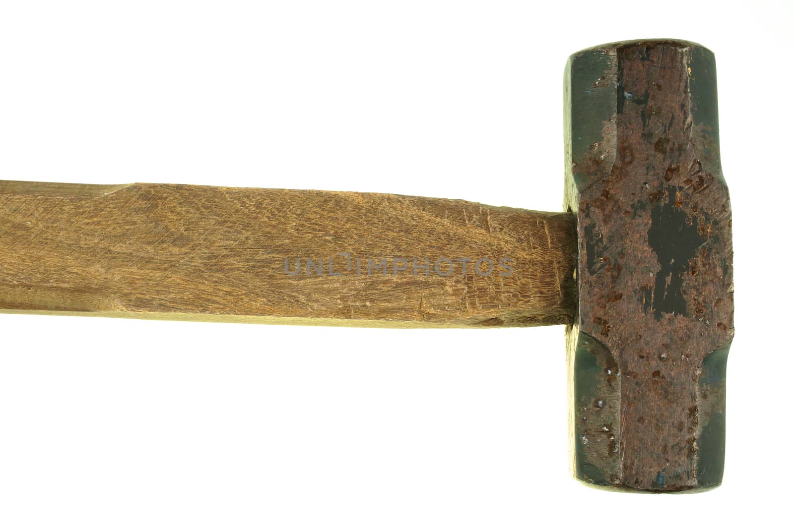 Old hammer make from wood and iron with rust isolated on white background.