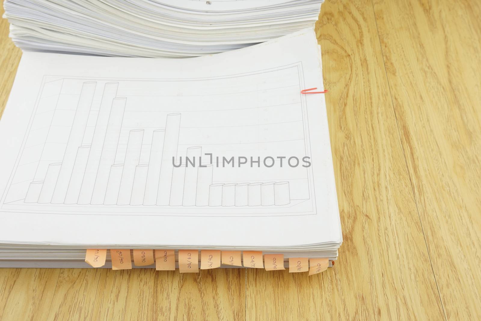 Index document include sales, graph and receipt place on wood background.
