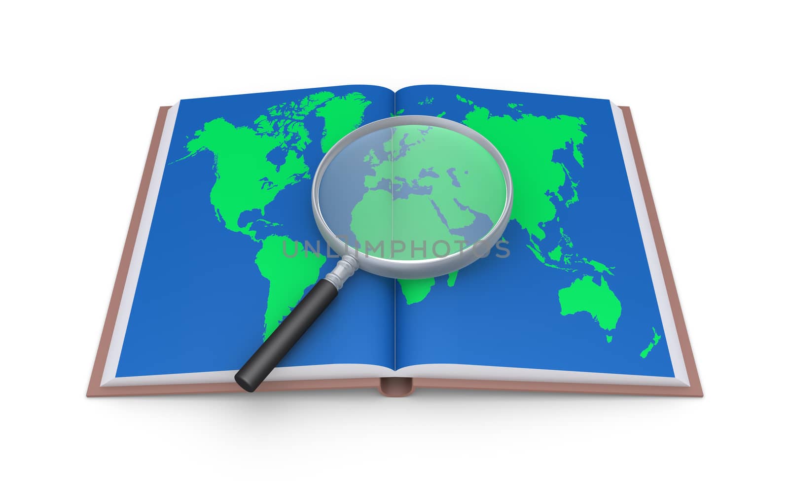 Magnifier on an opened book with the world map in its page