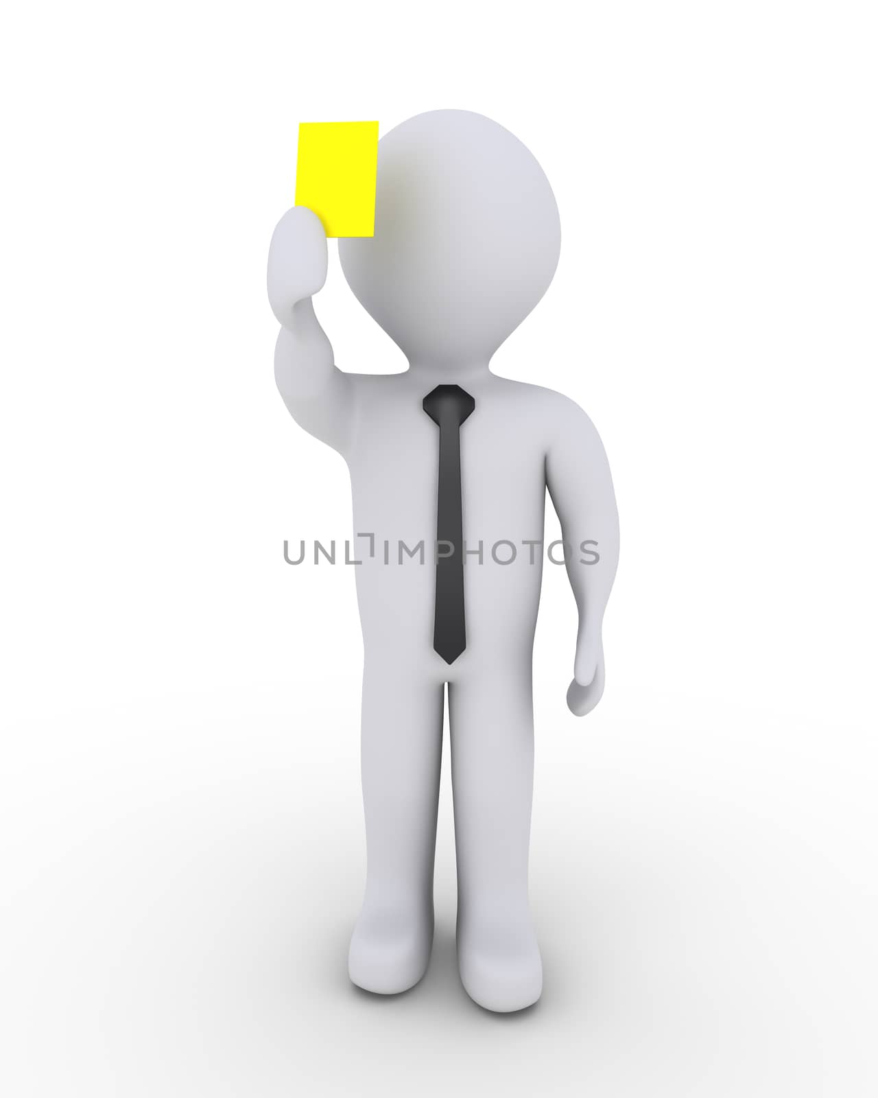 3d businessman is holding high a yellow card