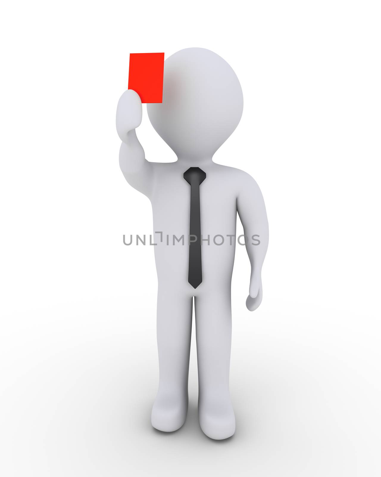 3d businessman is holding high a red card