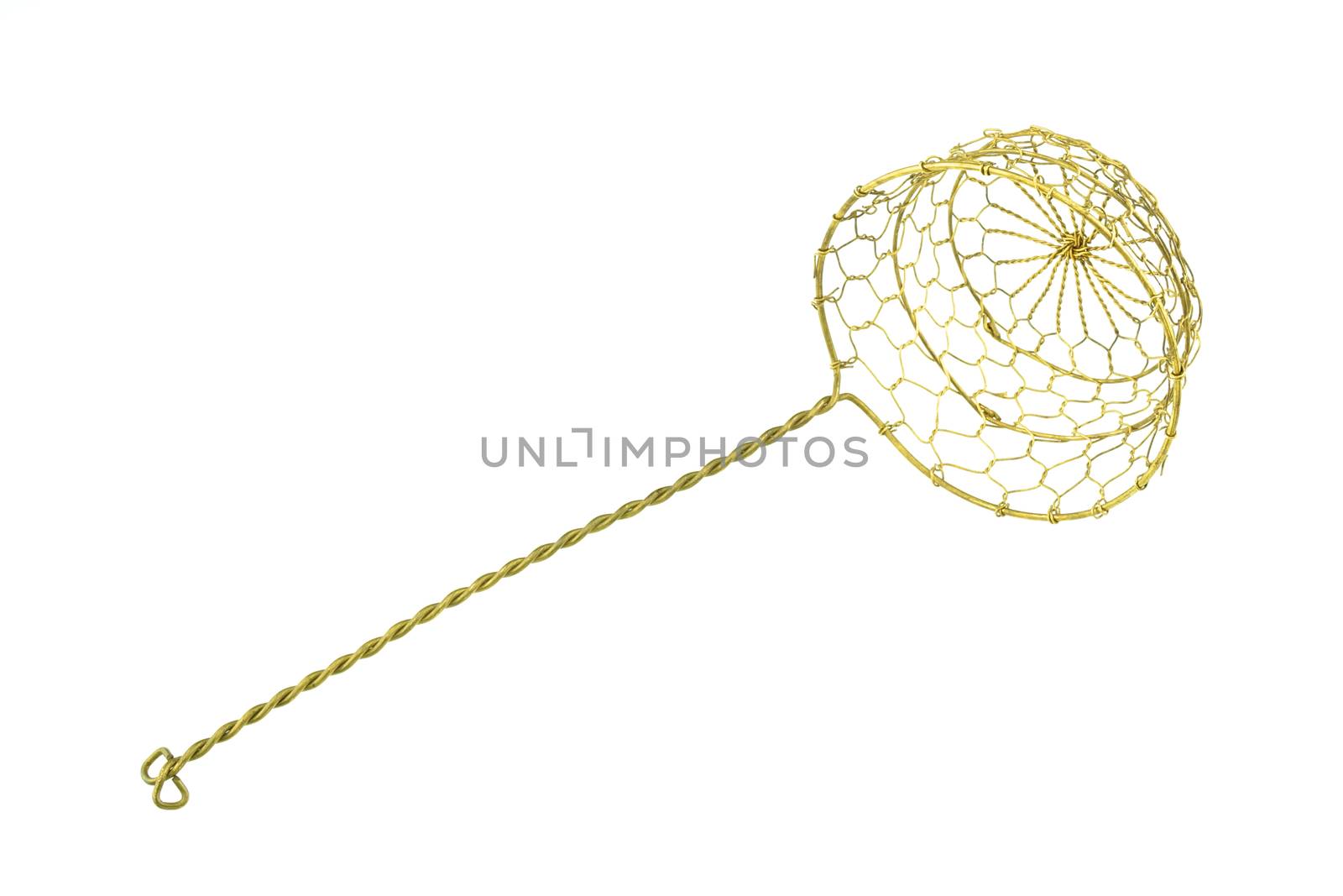 Gold colander for scald food is kitchenware isolated with white background.