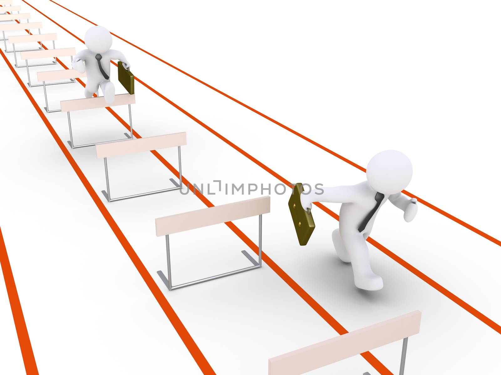 Businessman is hurdle racing and another is running without obstacles in his way