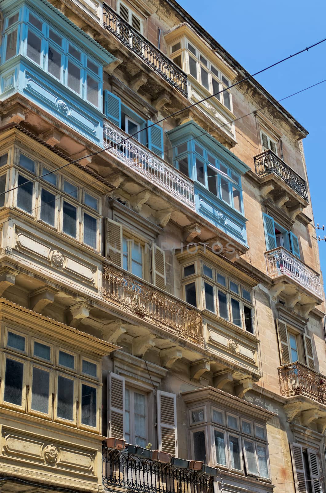 Traditional closed wooden balconies - Valetta, Malta.