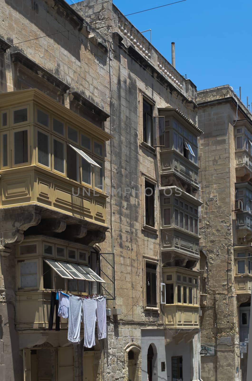 Traditional closed wooden balconies - Valetta, Malta.