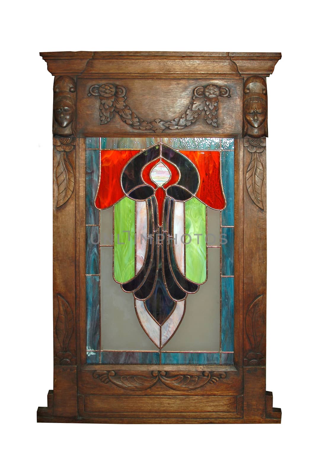 Angel stained glass artwork in wooden frame
