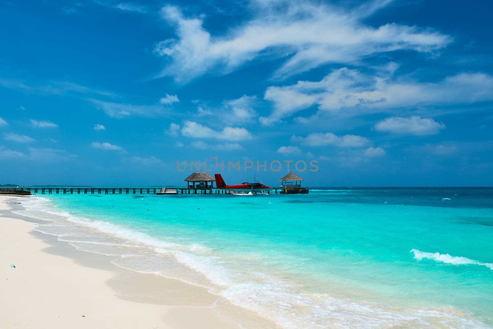 Twin otter red seaplane at Maldives