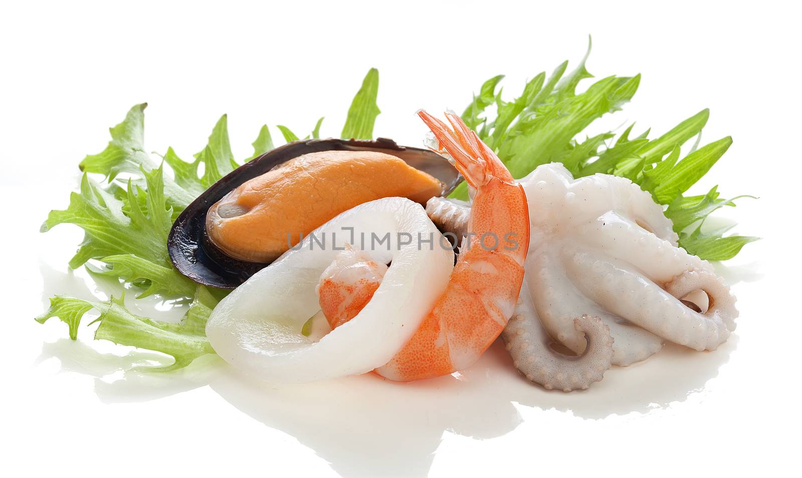 Shrimp's tail, mussel on the shell, squid and octopus on the lettuce leaves